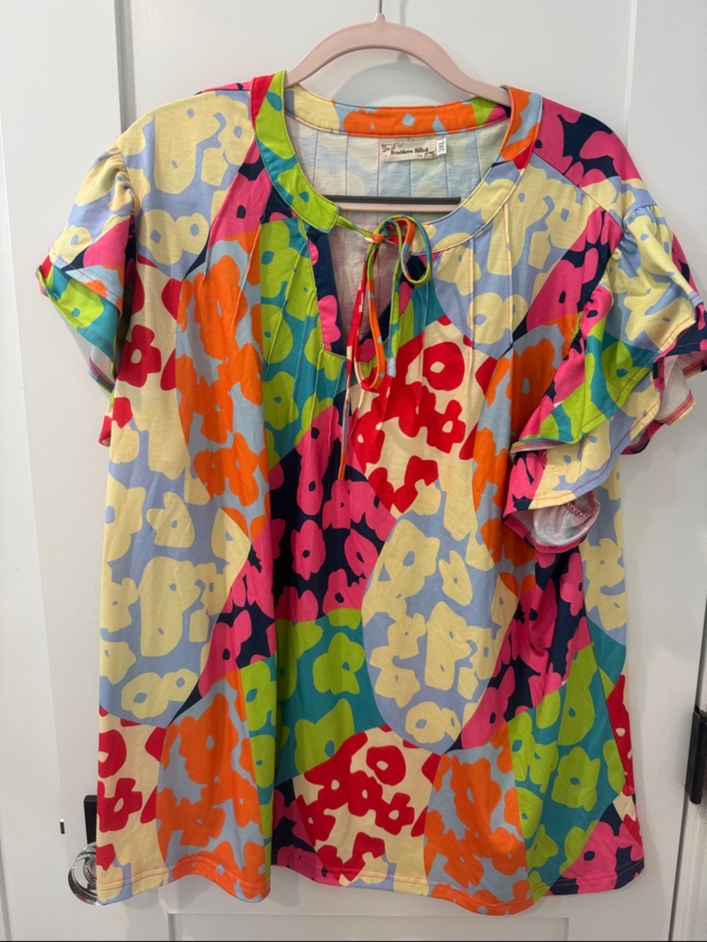 Bright Multi-Color Floral Tie-Neck Blouse